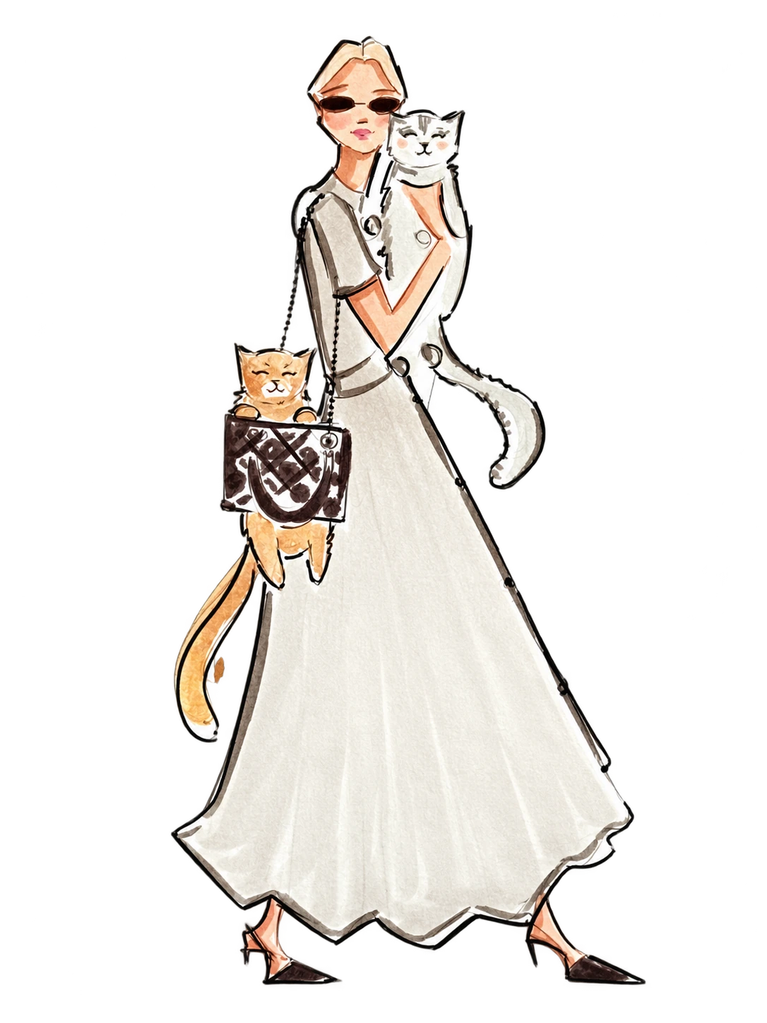 Daria’s illustration of a woman in a flowing cream dress with her cats