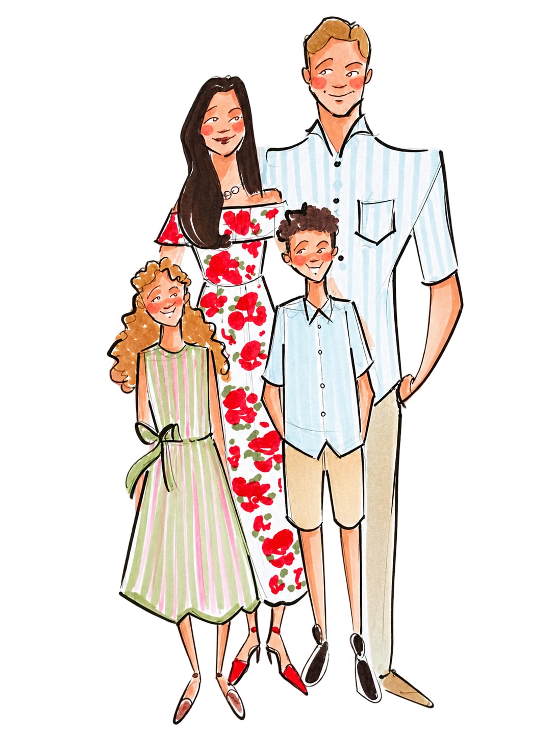 A family of four, captured in Daria’s personal illustration style
