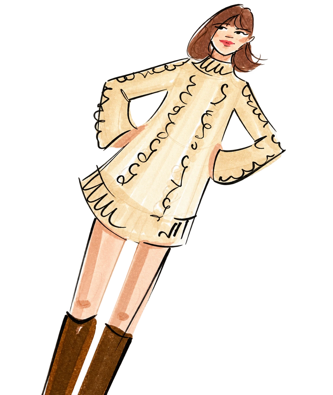 Fashion illustration of an embellished cream coat and tall brown boots