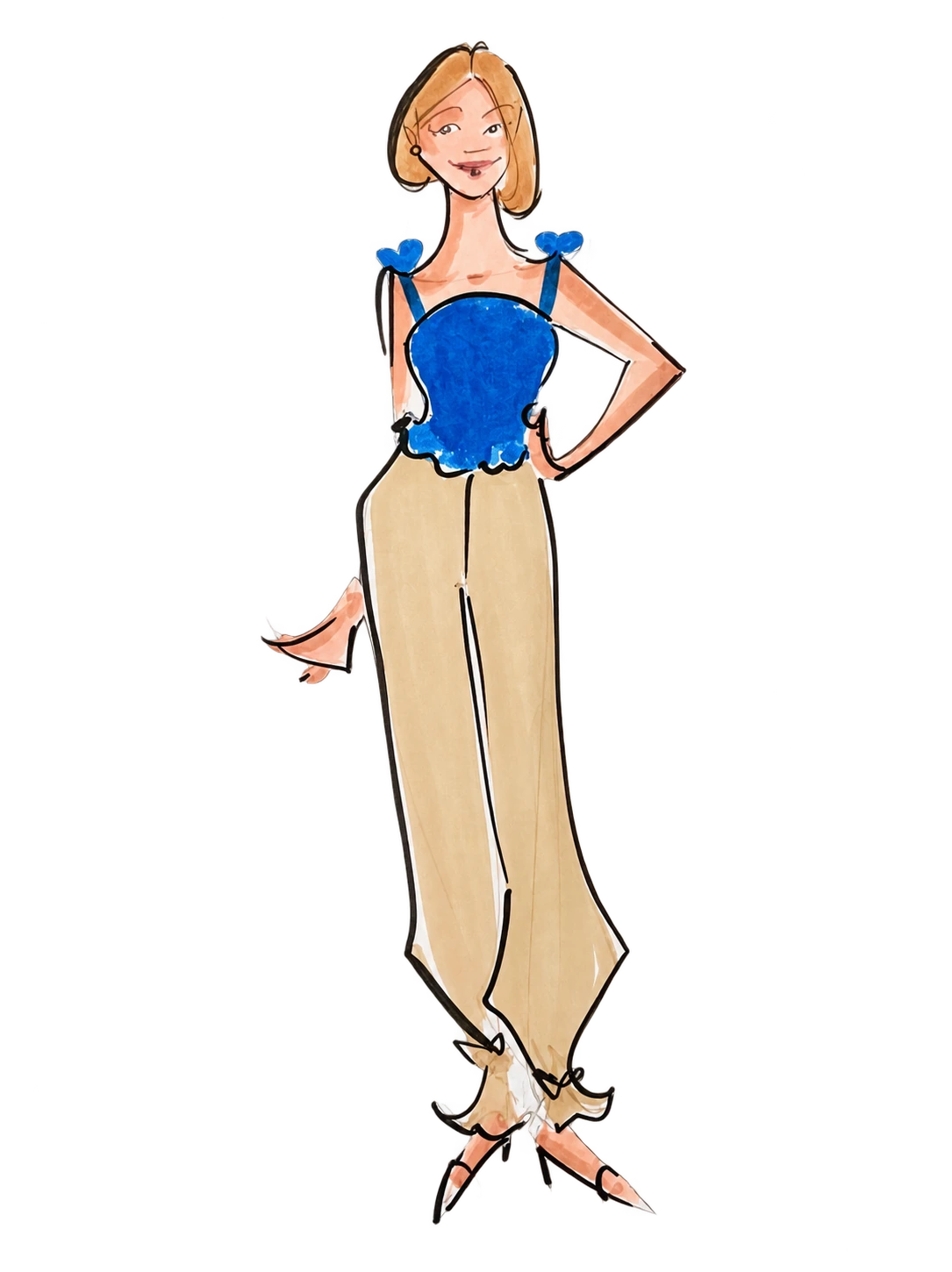 A fashion sketch in a blue top and tan trousers