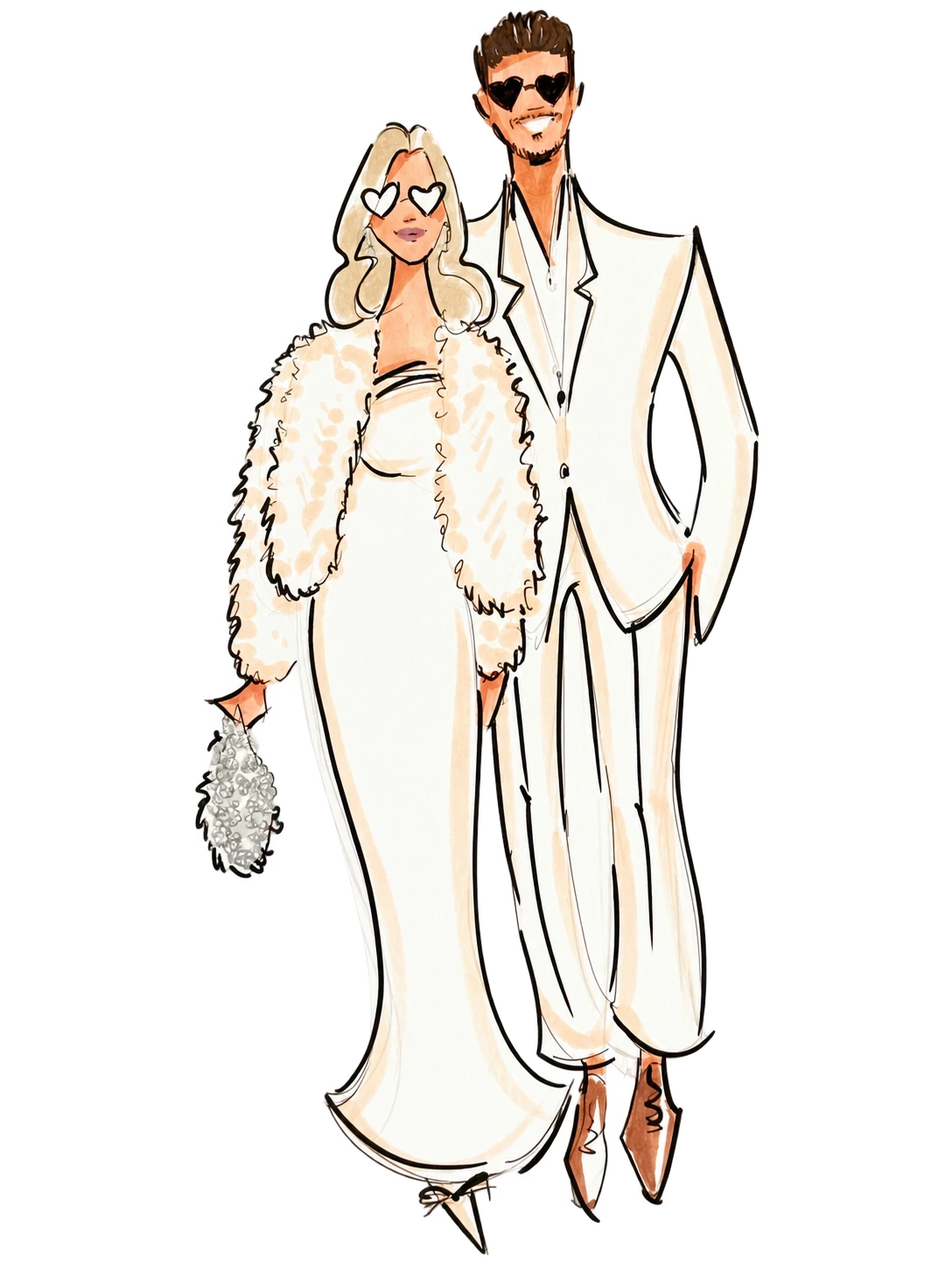 A couple illustrated together on their wedding day