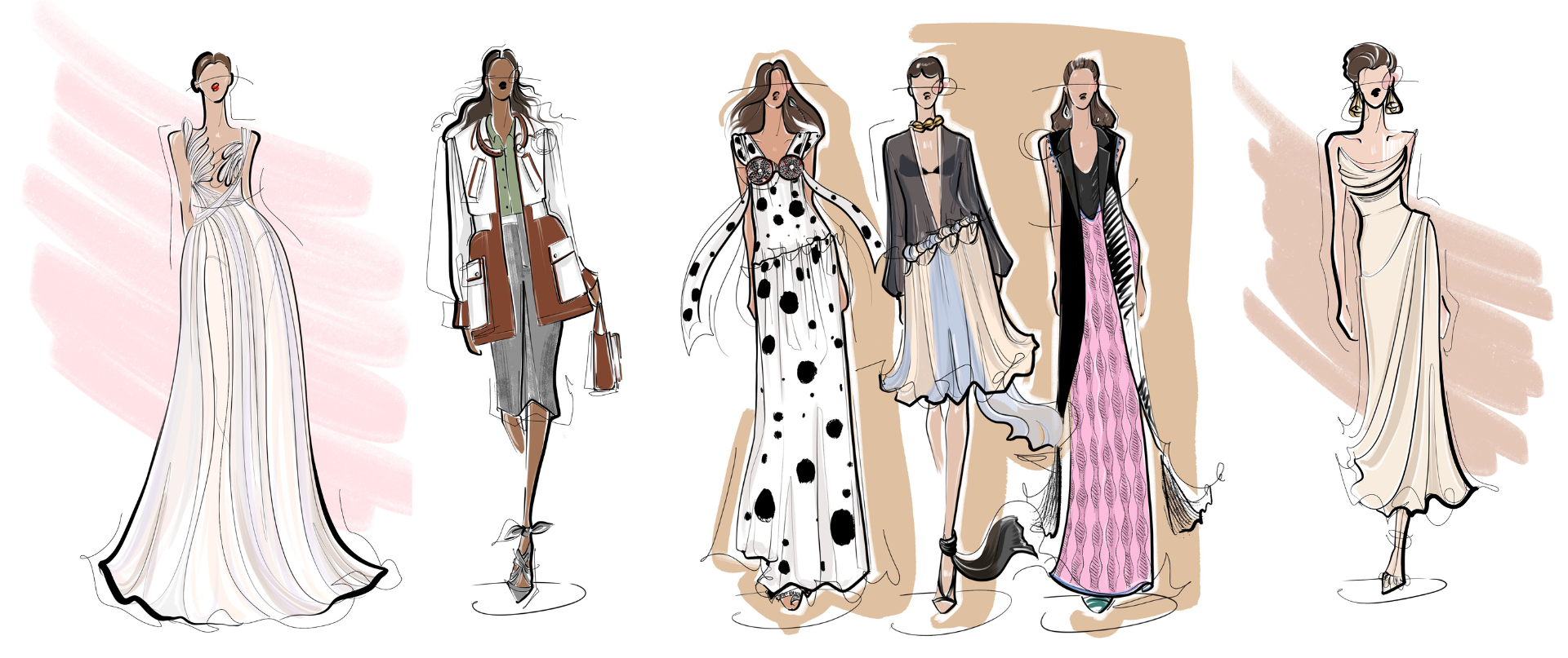 Workshop illustrations: a wedding gown, a Burberry outfit, three catwalk looks and an evening dress